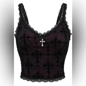 Women's Gothic Clothes Lace Goth Crop Tops Witchy Grunge Cami Emo Shirt